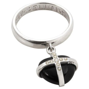 Sterling Silver Whitby Jet Nine Pearl Small Cross Heart Dropper Ring R977