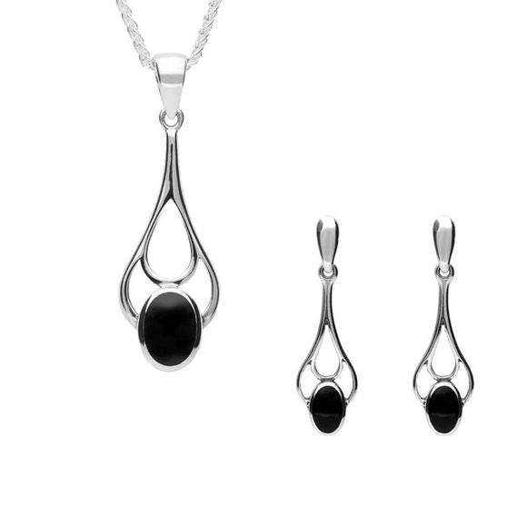 Sterling Silver Whitby Jet Oval Spoon Necklace and Earring Set S049