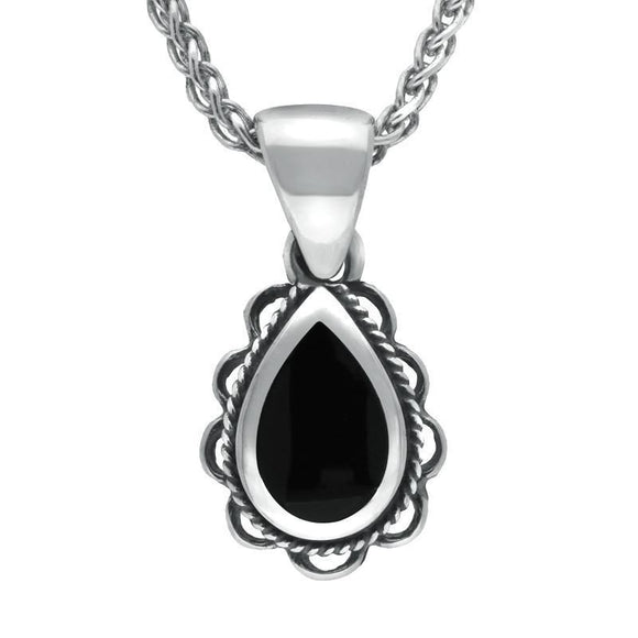Sterling Silver Whitby Jet Pear Drop Frill Necklace. P194.