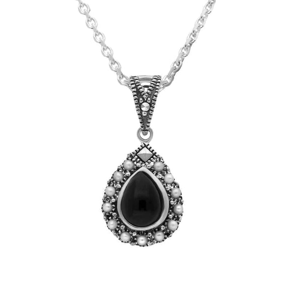 Sterling Silver Whitby Jet Pearl Marcasite Edge Pear Necklace. P3123.
