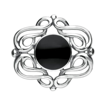 Sterling Silver Whitby Jet Round Fancy Brooch. M114.
