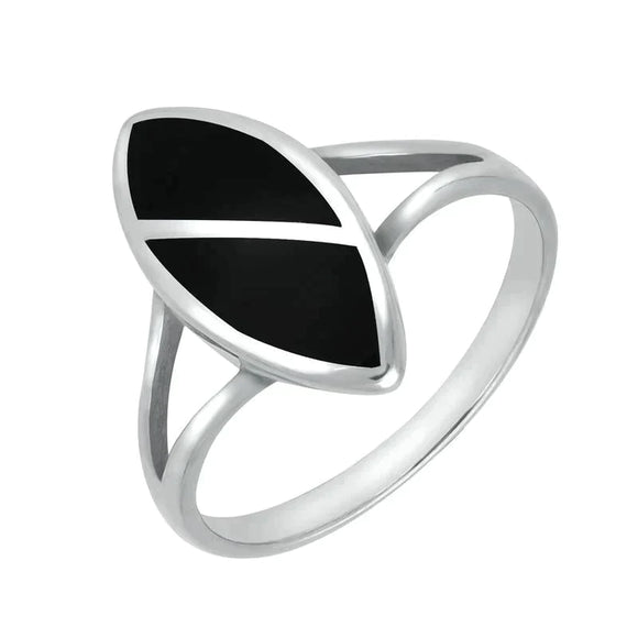 Sterling Silver Whitby Jet Split Stone Marquise Ring. R451.