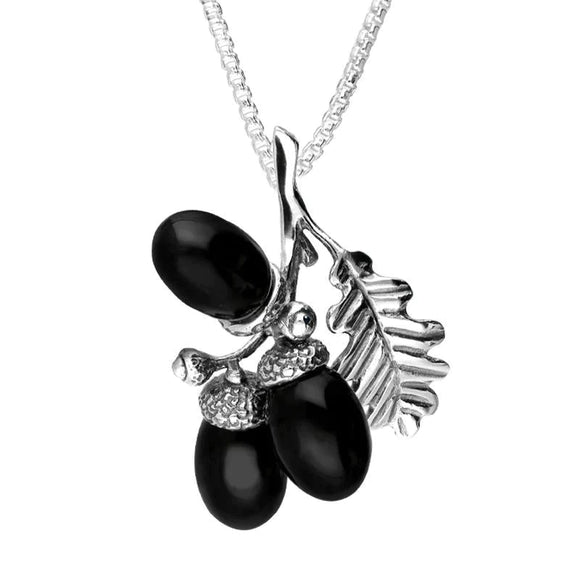 Sterling Silver Whitby Jet Triple Acorn and Leaf Necklace P3417