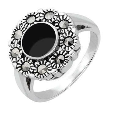 Sterling Silver Whitby Jet Vintage Round Centre Marcasite Ring, R821.