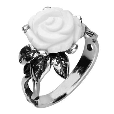 Sterling Silver White Agate Tuberose Rose Leaf Twist Ring, R728.