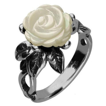 Sterling Silver White Mother of Pearl Tuberose Rose Twist Leaf Ring, R728.