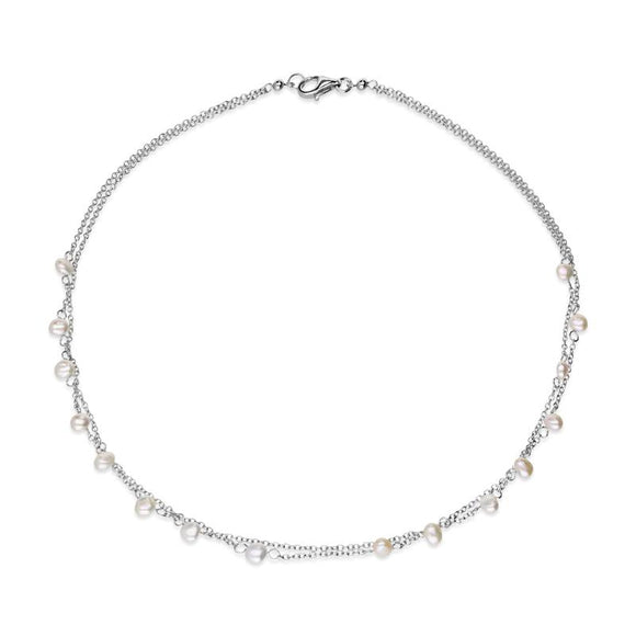 Sterling Silver White and Silver Pearl Double Chain Necklace, N867.