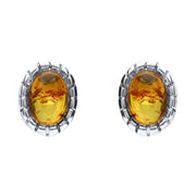 Sterling Silver Baltic Amber Oval Beaded Edge Small Stud Earrings E1793