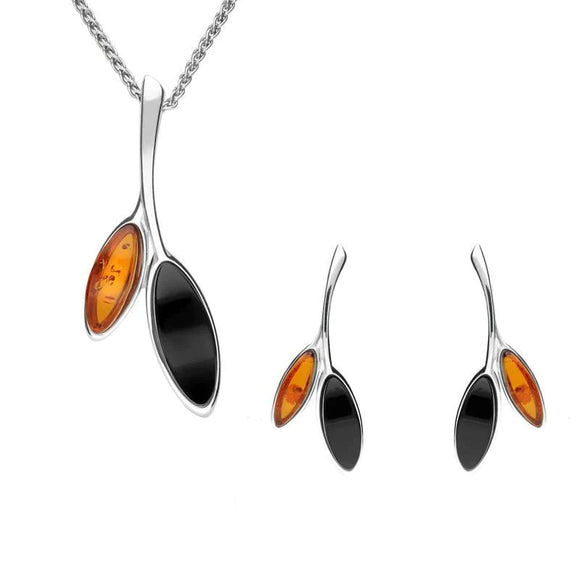 Sterling Silver Whitby Amber Two Stone Leaf Two Piece Set