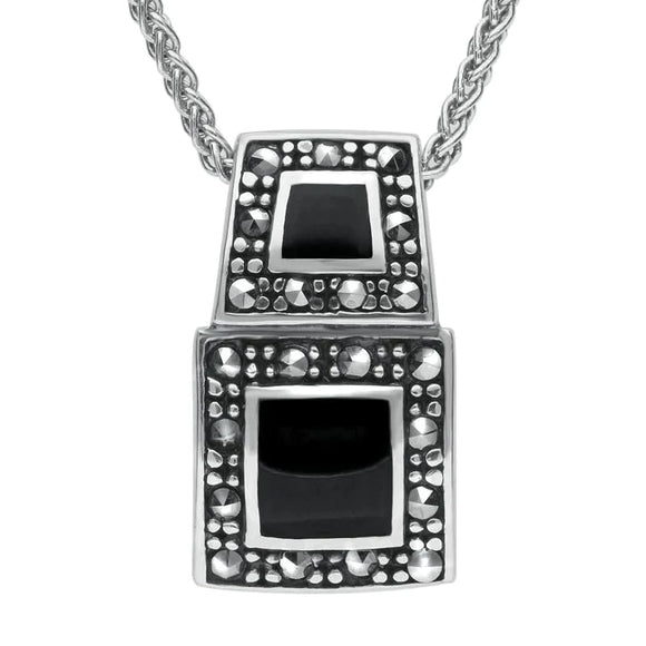 Sterling Silver Whitby Jet Marcasite Two Stone Square Graduated Necklace. P936