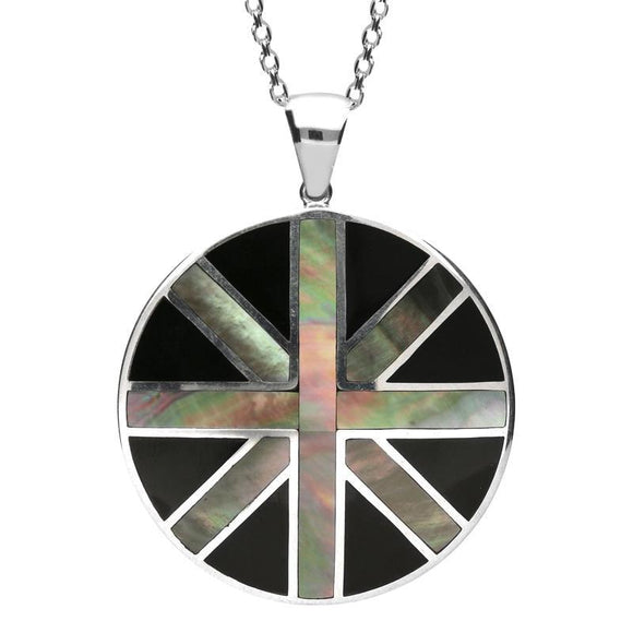 00103722 C W Sellors Silver Whitby Jet and Dark Mother of Pearl Large Round Union Jack Necklace, P2224.