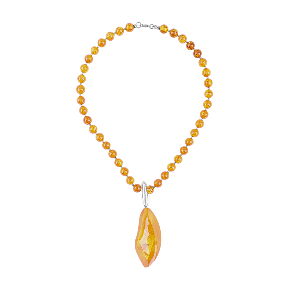 Sterling Silver Amber Beaded Pendant Necklace D 36.8.