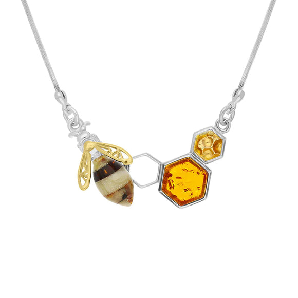 Sterling Silver Gold Plated Amber Bee Honeycomb Necklace D N1037.