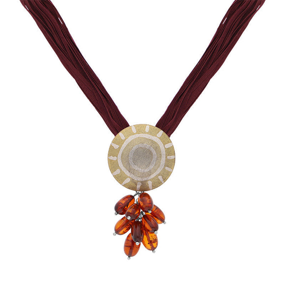 Sterling Silver Amber On Red Silk Necklace D NUNQ0000041