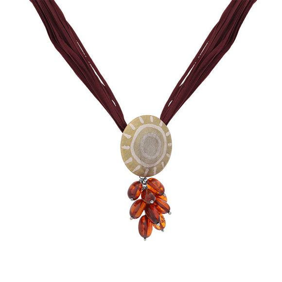 Sterling Silver Amber On Red Silk Necklace D