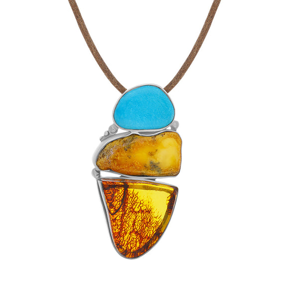 Sterling Silver Amber Turquoise Cord Necklace D SILAMBTQT.