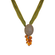 Sterling Silver Amber Sun Disc Green Silk Necklace D