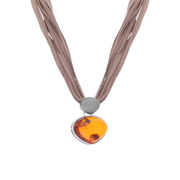 Sterling Silver Amber On Silk Necklace D