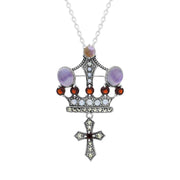 Sterling Silver Blue John Marcasite Garnet Pearl Crown Cross Necklace, P221