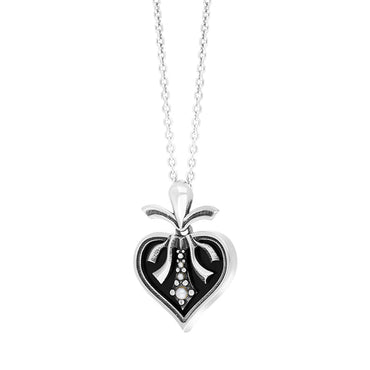 Sterling Silver Freshwater Pearl Whitby Jet Victorian Hearts Pendant Necklace, P2109C.