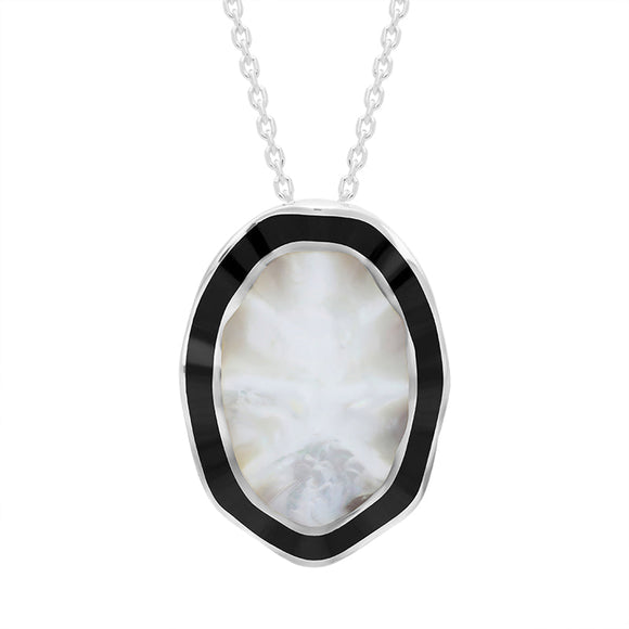 Sterling Silver Whitby Jet Mother of Pearl Ripple Oval Necklace D P1290CB.