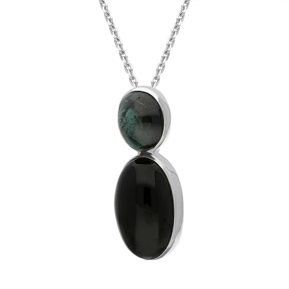 Sterling Silver Whitby Jet Tourmaline Two Stone Drop Necklace D