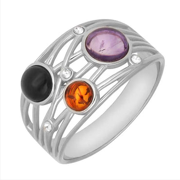 Sterling Silver Whitby Jet Amethyst Amber Bubble Ring, R1215_2