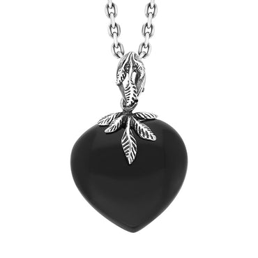 Sterling Silver Whitby Jet Carved Heart Leaf Necklace, P3726