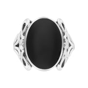 Sterling Silver Whitby Jet Oval Carved Side Ring