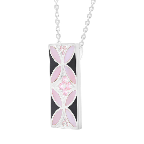 Sterling Silver Whitby Jet Pink Mother of Pearl Oblong Flower Necklace D