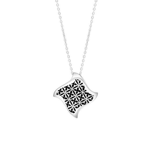 Sterling Silver Whitby Jet Reversible Gothic Filigree Square Pendant Necklace, P2041